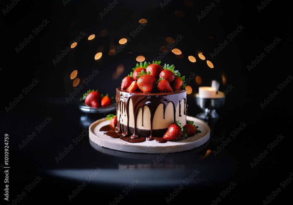 Poster A chocolate cake topped with strawberries and drizzled with chocolate sits on a plate in a dark setting with warm bokeh lights in the background.