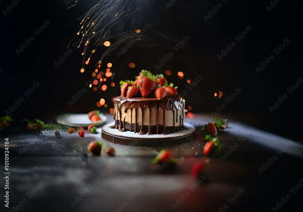 Poster a chocolate cake with strawberry garnish, drizzled with chocolate, sits on a dark table with bokeh l