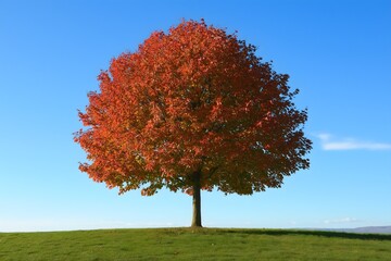 Naklejka premium Maple Tree, Leaves Are Beginning to Turn From Green to Red in Autumn in the Country, Tree Photography, Landscape Photography