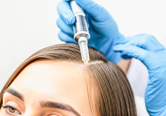 Fototapeta premium Close-up of hair treatment injection for hair loss solution by gloved professional