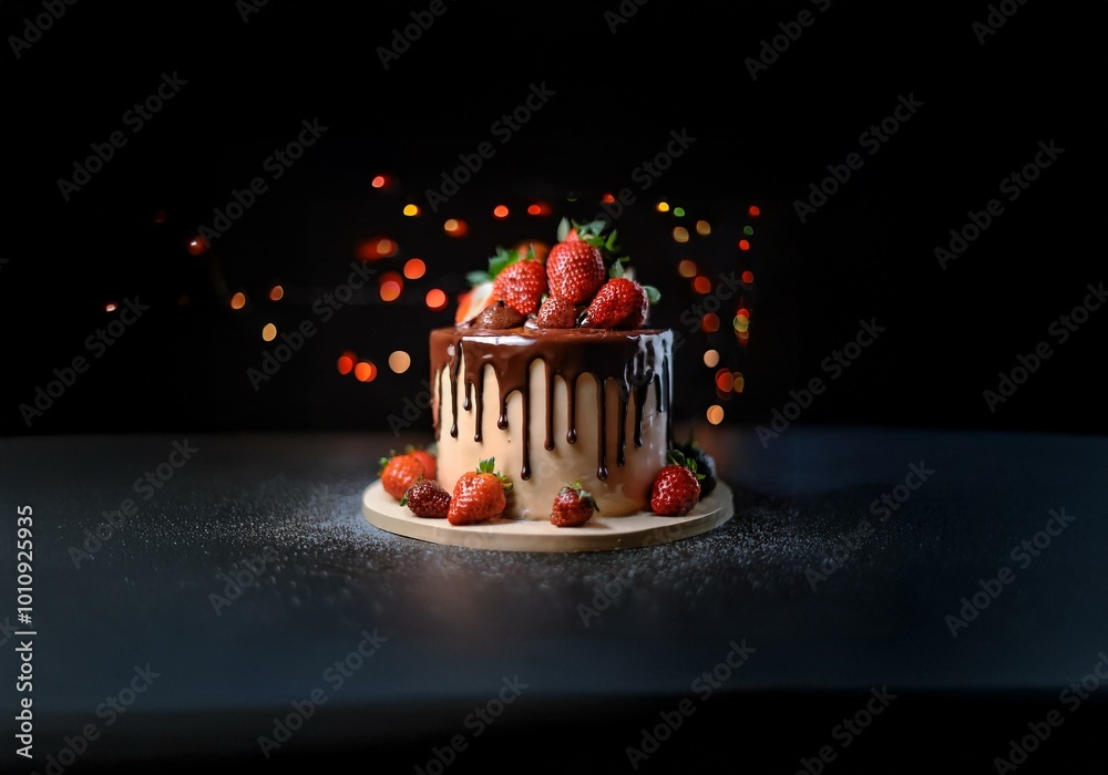 Poster A single-layer cake is covered in chocolate icing and decorated with fresh strawberries against a dark background with bokeh lights.