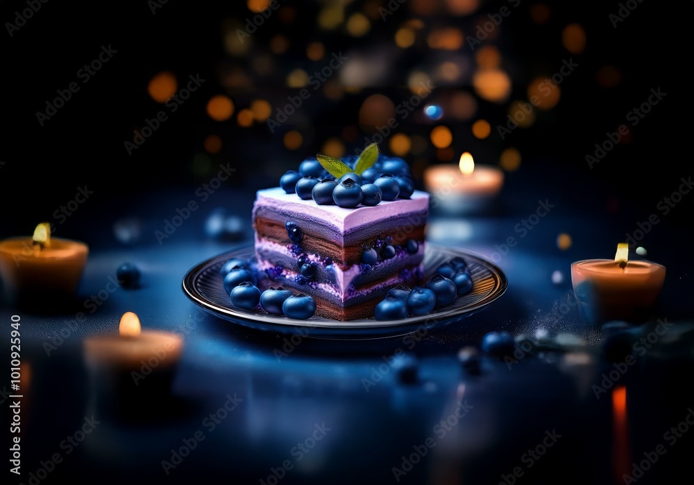Poster a slice of layered cake with blueberries on top sits on a plate and is surrounded by lit candles on 