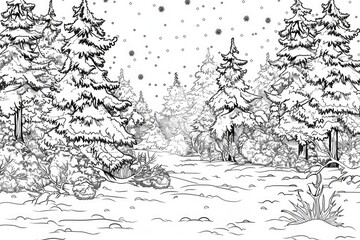Obraz premium Coloring book illustration of a Snowy Winter Forest