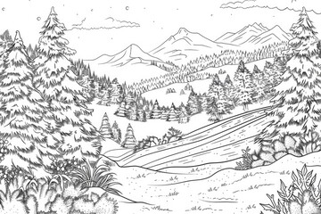 Fototapeta premium Coloring book illustration of a winter landscape featuring snow covered cross country ski slopes and serene natural scenery