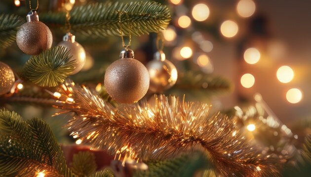 A close-up of beautifully arranged ornaments and sparkling tinsel on a Christmas tree, illuminated by soft glowing lights, creating a warm and festive atmosphere