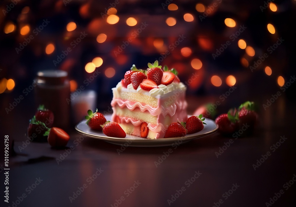 Poster a slice of cake topped with strawberries sits on a plate, illuminated by warm, out-of-focus lights.