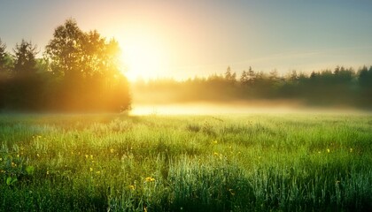 Obraz premium A foggy meadow at sunrise, where the first rays of light gently pierce through the mist, illuminating the dew-covered grass and creating a soft, ethereal glow across the landscape