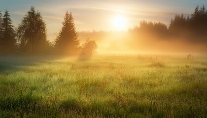 Obraz premium A foggy meadow at sunrise, where the first rays of light gently pierce through the mist, illuminating the dew-covered grass and creating a soft, ethereal glow across the landscape