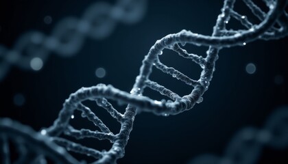 A close up of a DNA strand with a blue background