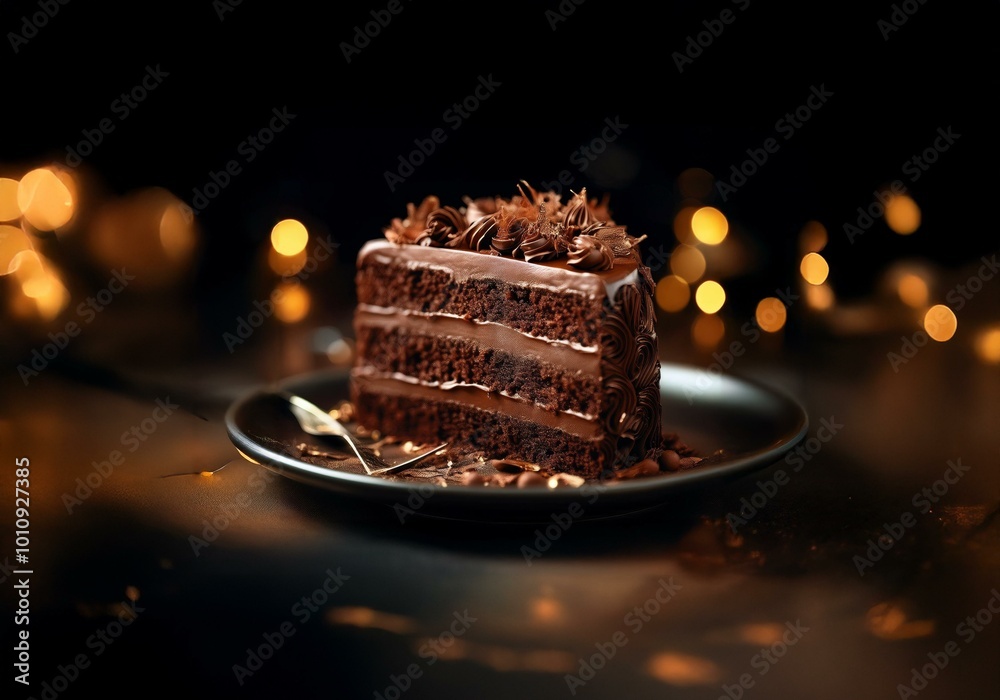 Aufkleber A slice of chocolate cake with frosting sits on a plate against a bokeh background.