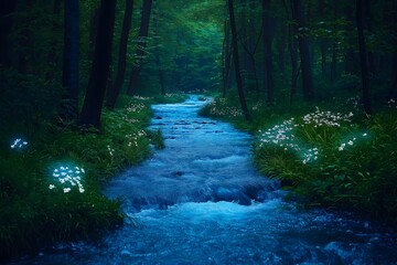 Fototapeta premium A River That Flows Through a Dark Enchanted Forest, Water That Glows a Deep Blue, Riverbanks Are Lined With Flowers That Glow a Soft Ethereal Light