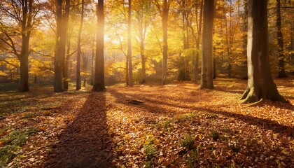 Fototapeta premium A peaceful autumn forest with golden leaves blanketing the ground, sunlight streaming through the trees, creating a warm and serene atmosphere