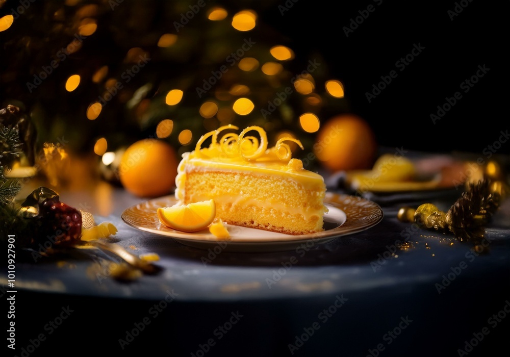 Poster A slice of cake sits on a white plate with a citrus garnish. The background is out of focus with bokeh lights.