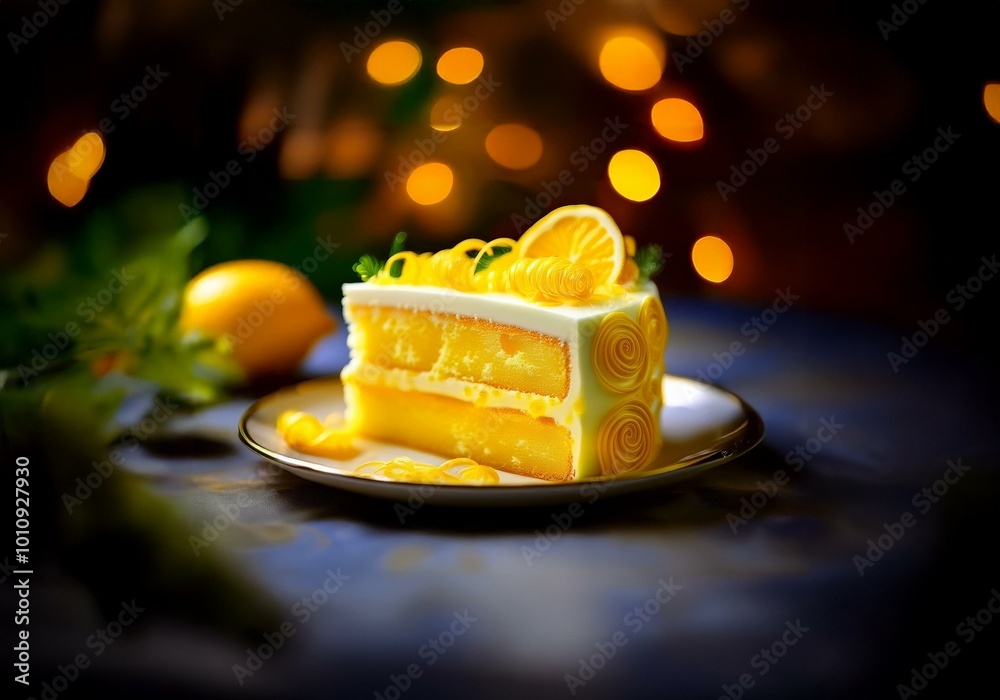 Poster a slice of lemon cake with lemon zest and frosting, sits on a white plate with a blurred background 