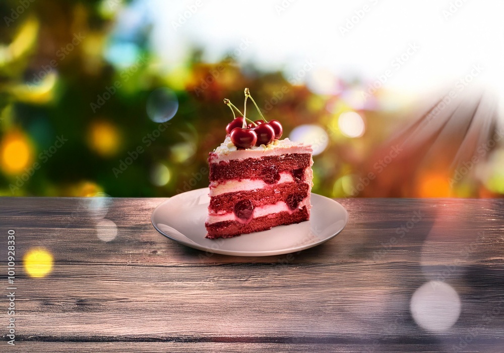 Poster a slice of layered red cake with cherries on top, sitting on a white plate on a wooden table with bl