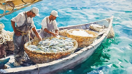 Obraz premium Two Fishermen Sort Their Catch in a Small Boat.