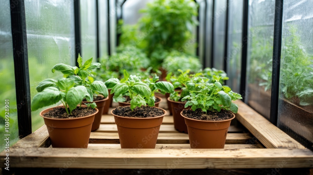 Canvas Prints A greenhouse filled with potted plants, showcasing growth and cultivation.