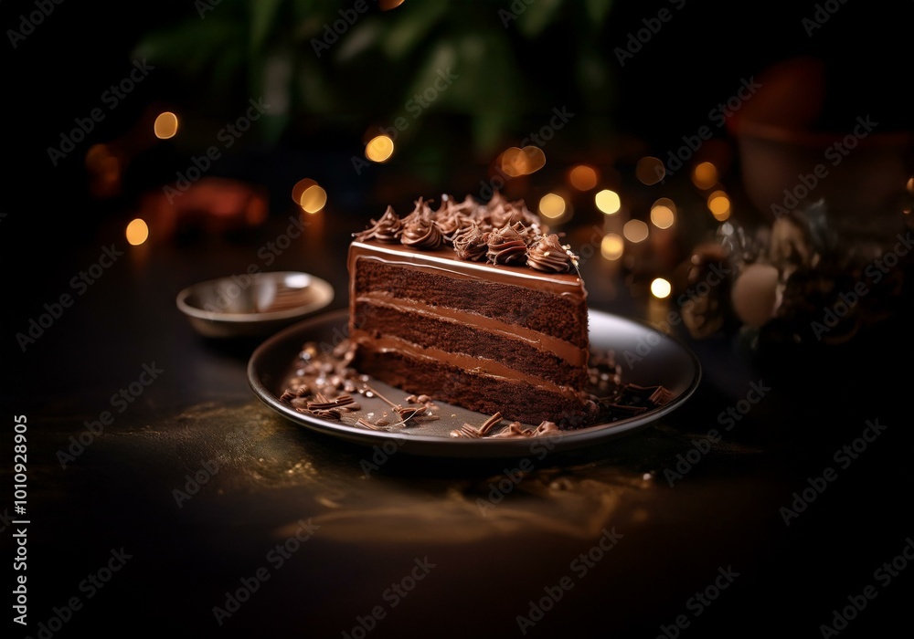 Aufkleber a slice of chocolate cake on a plate with chocolate shavings. the cake is layered with frosting and 
