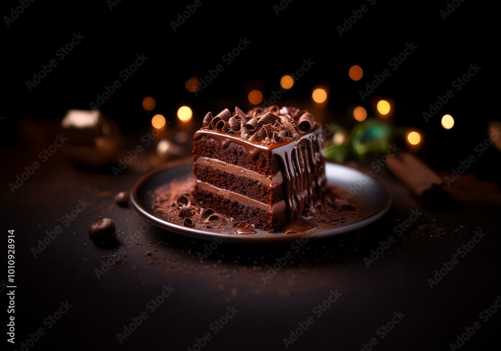 Poster a single slice of chocolate cake on a dark plate, with a blurred background of soft lights.