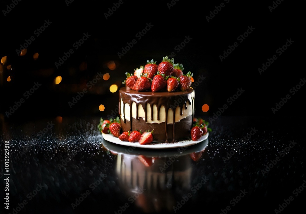 Poster a chocolate cake drizzled with chocolate ganache is topped with fresh strawberries and placed on a d