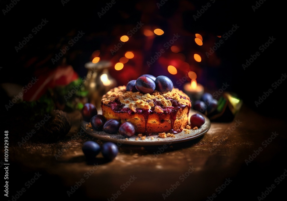 Poster a dark, moody scene features a fruit crumble topped with purple fruit and drizzled with a dark sauce