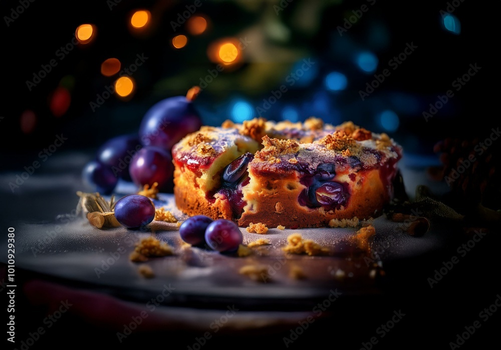 Aufkleber a close-up of a single slice of cake with a dark background and blurry lights.