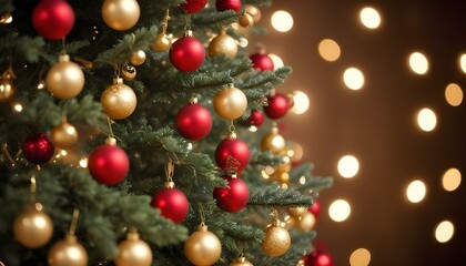 Gold and red Christmas decorations on a tree, creating a festive and elegant holiday atmosphere