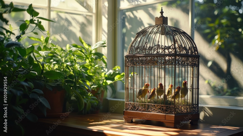 Poster A decorative birdcage with birds, surrounded by plants in a sunlit room.