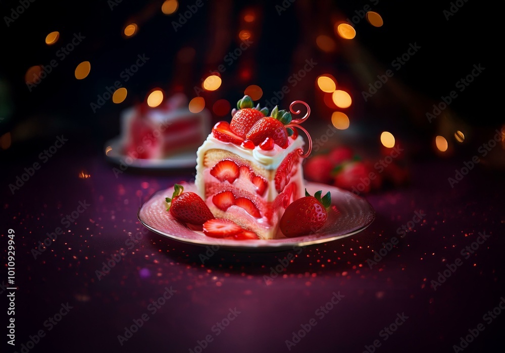 Poster a slice of strawberry cake with white frosting is on a plate surrounded by whole and sliced strawber