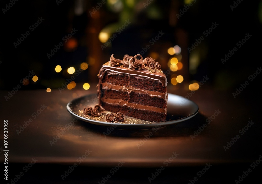 Poster a slice of chocolate cake with swirls of chocolate on top sits on a black plate. the cake is dusted 