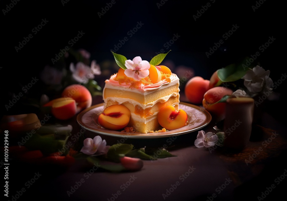 Poster a slice of cake decorated with peach slices and a flower sits on a plate with more peaches and flowe