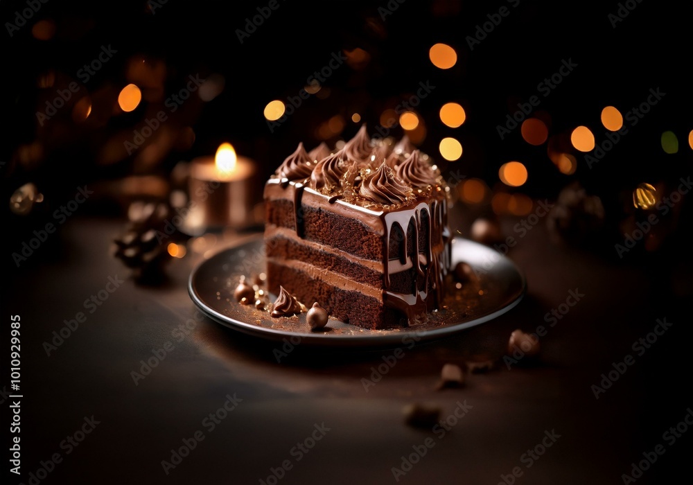 Poster a single slice of chocolate cake with a drizzled ganache sits on a dark plate with scattered chocola