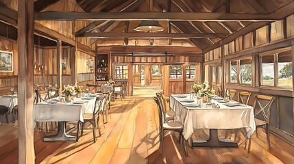 Fototapeta premium Watercolor Illustration of a Rustic Wooden Restaurant Interior with Tables Set for Dinner.