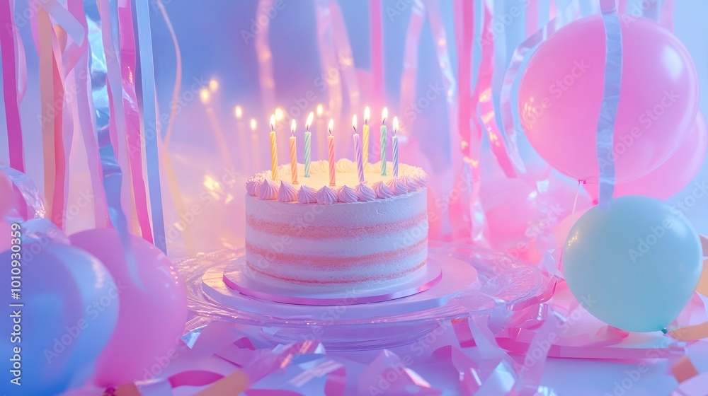 Poster A decorated birthday cake with candles surrounded by colorful balloons and streamers.