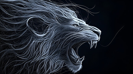 Portrait of a lion, Black and white photo, Studio shot, Lion head with abstract  black and white pattern on black background, Hand drawn  side view of lion head