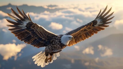 Fototapeta premium Cartoon 3D A magnificent bald eagle soaring high in the sky against a backdrop of clouds. Isolate A white background surrounds the main subject.
