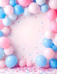 pink and blue balloons and confetti background with copy space for festive gender reveal party or baby shower backdrop