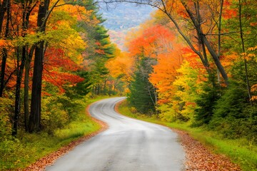 Obraz premium A Winding Road Through the Colorful Foliage of an Autumn Forest, Leaves on Both Sides of It in Various Shades of Orange and Red, Trees Surrounding the Path, Landscape Photography