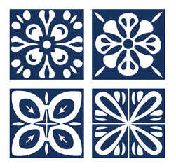 Ceramic blue floral tiles. Traditional mosaic Portuguese azulejo motifs. Vintage Floor Tile geometric design with ornamental element