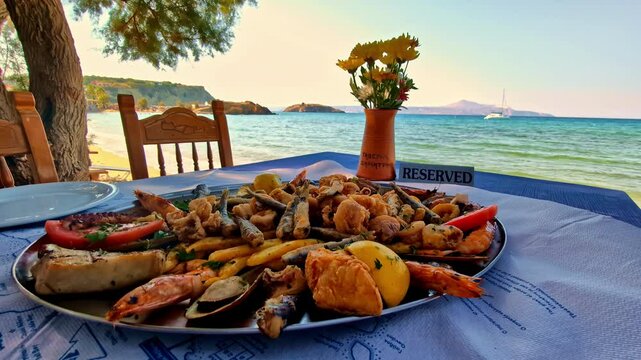Delicious platter of seafood and fried fish on a table overlooking a beach