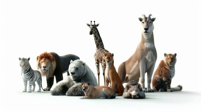 Cartoon 3D wildlife conservation including various types of wild animals. Isolate A white background surrounds the main subject