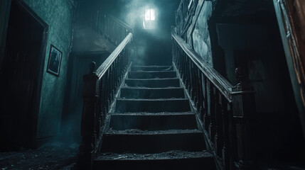 Fototapeta premium Ominous hotel staircase with creaky steps, flickering lights, and dark, shadowy corners that seem to move.