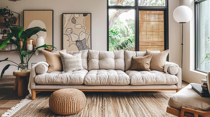 Fototapeta premium Modern Living Room with Plush Sofa and Elegant Decor