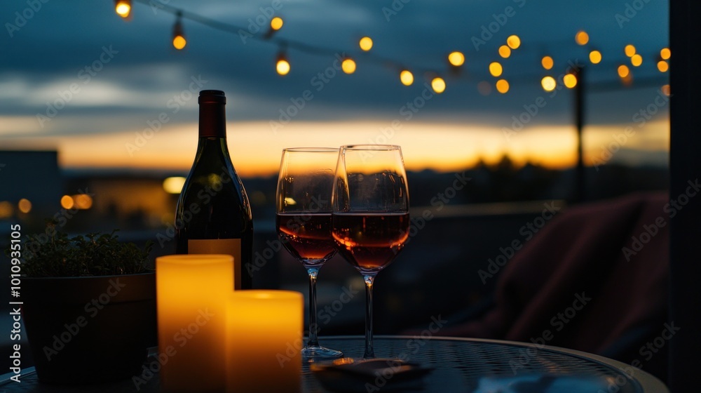 Poster A romantic evening setting with wine, candles, and a sunset backdrop.