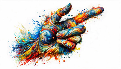 A dynamic and abstract image of a hand pointing forward, made entirely of vibrant swirling paint, symbolizing creativity and direction