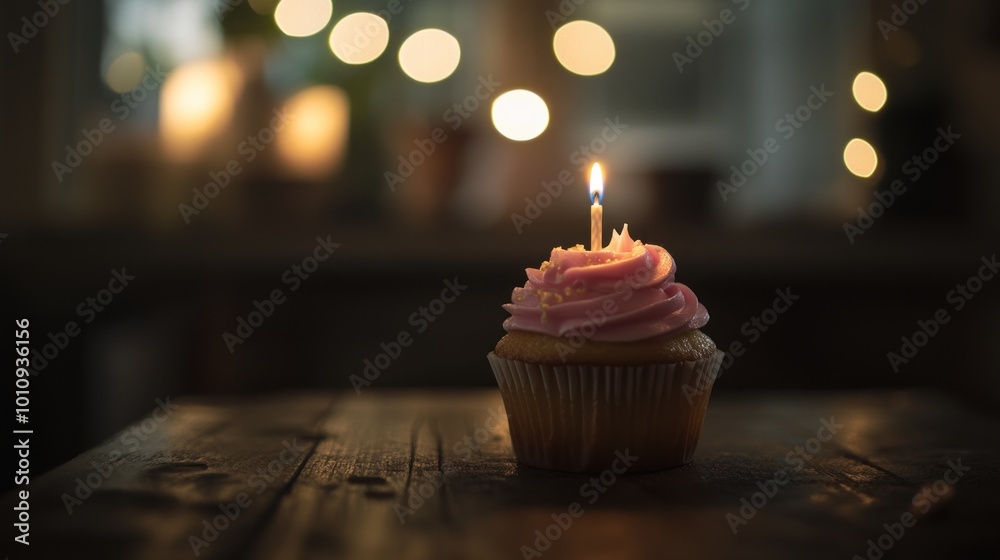 Poster A beautifully lit cupcake with a candle, set against a softly blurred background.