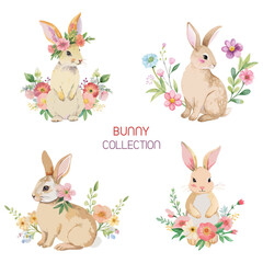 Set Of Bunny Rabbit With Flower Vector Illustration