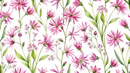 Delicate pink Ragged Robin wildflowers create a charming watercolor seamless pattern on a white backdrop, perfect for