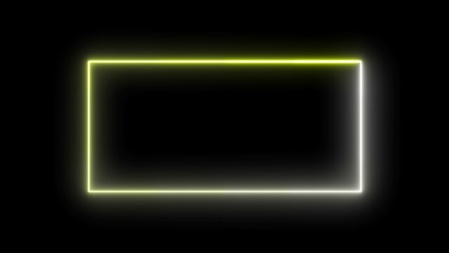 Rectangle yellow neon on a dark wall. Abstract neon rectangle frame animation.