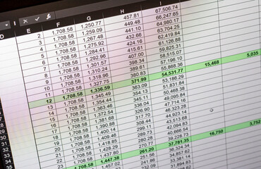 Shot of an dark mode excel sheet on computer screen showing bank loan amortization table. Banking